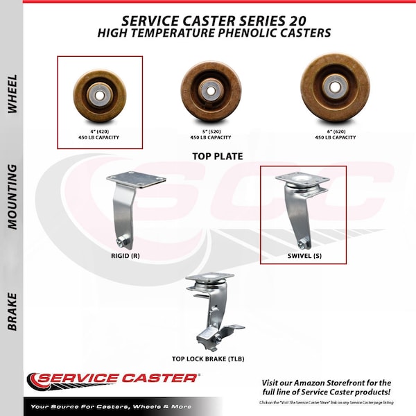 4 Inch High Temp Phenolic Swivel Caster Set with Roller Bearings 2 Brakes SCC